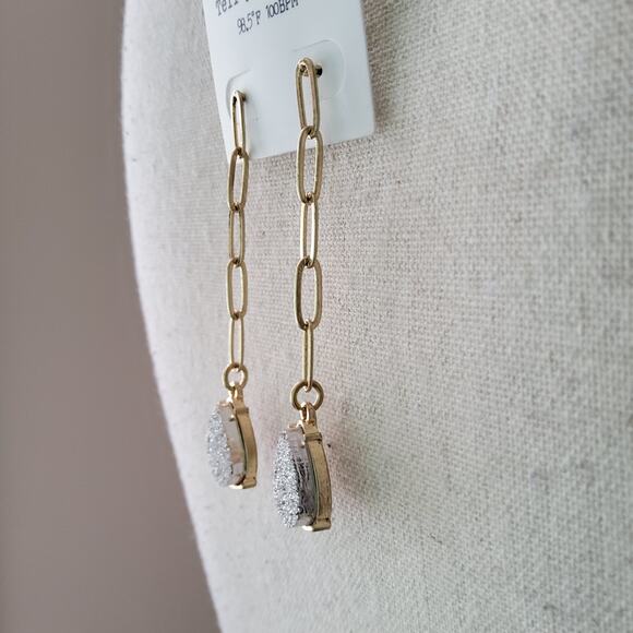 Faux Druzy Long Dangle Teardrop Gold Tone Chain Detail Earrings - Picture 3 of 6